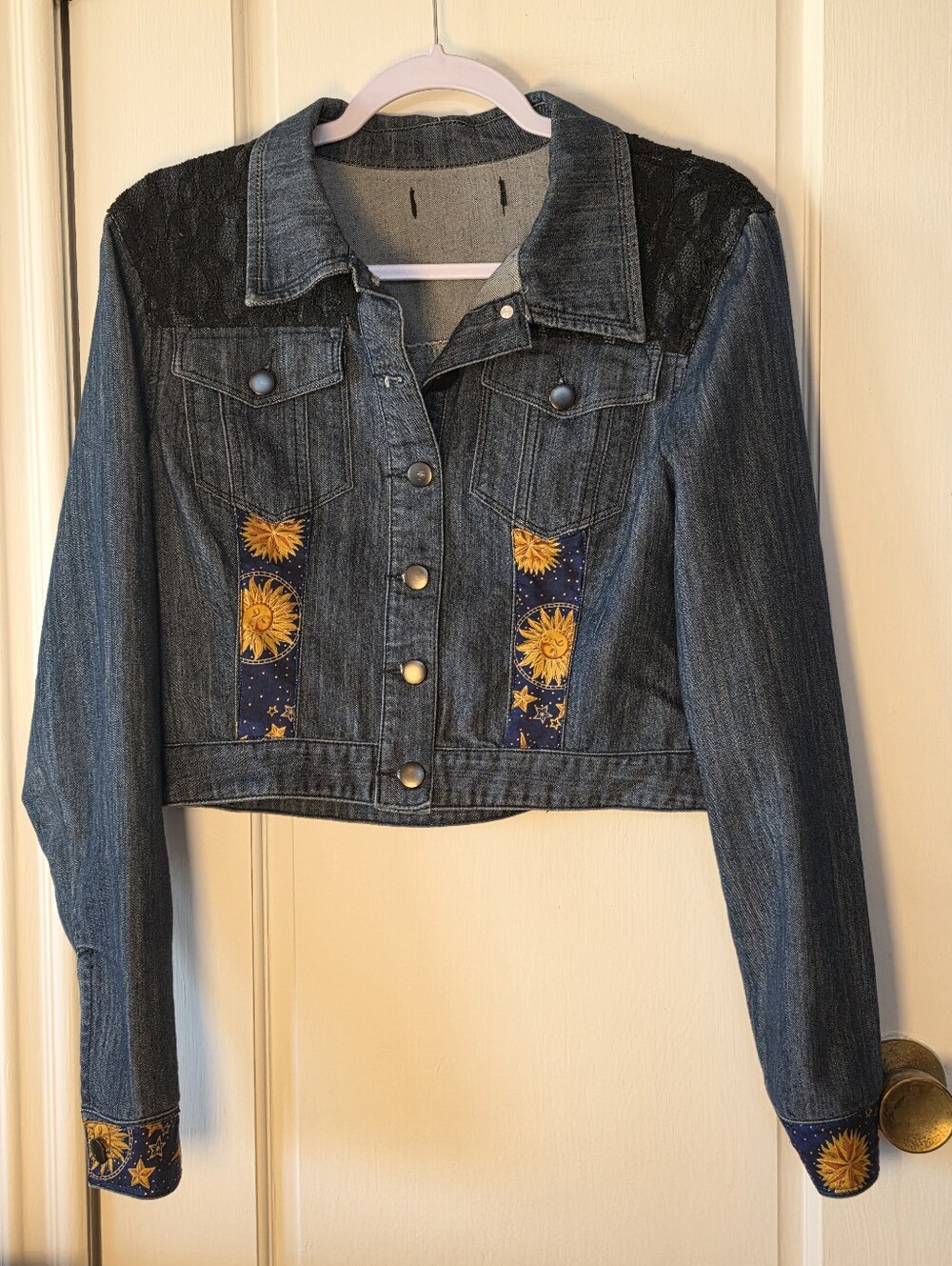 Upcycled Celestial Denim Jacket Medium Blue Denim Sun-Print Moon Cropped Jacket